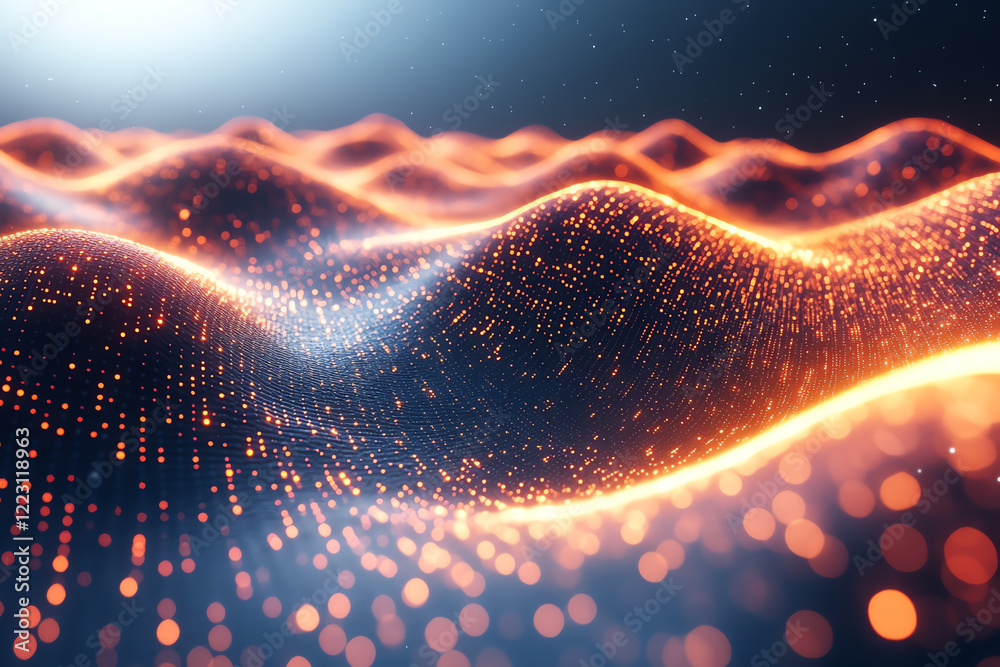 Poster This vibrant abstract image features illuminated waves of particles, showcasing a captivating interplay of light and color in a digital landscape.