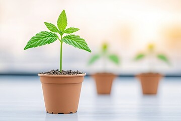 Young green plant in a pot with blurred background showcasing growth in a bright environment