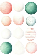 Fototapeta premium Abstract illustration of various textured spheres in soft colors, set against a plain background
