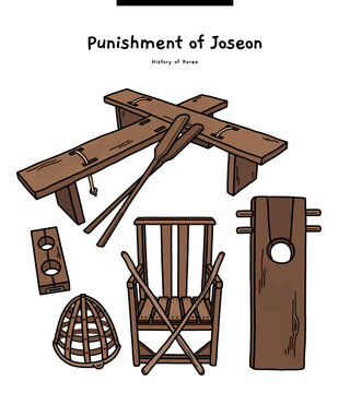 This illustration is a variety of punishments from Korea's Joseon Dynasty. There are konjang, juri, and torture devices.