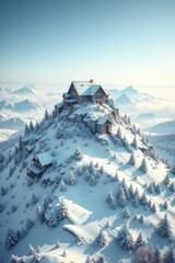 snowy mountain with a house on top of it