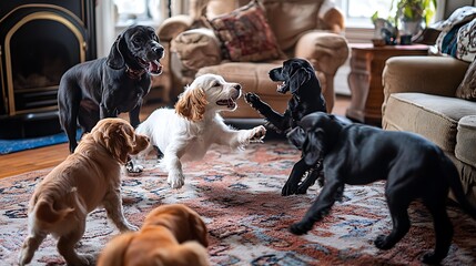 Puppy and adult setters play fighting in the living room