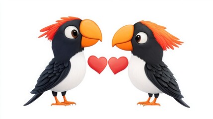Obraz premium Cute Cartoon Birds Expressing Love with Heart Shapes and Colorful Feathers