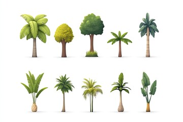 Obraz premium A collection of various stylized trees showcasing diverse shapes, sizes, and foliage types in a minimalist design