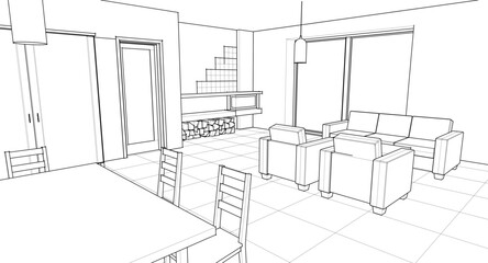 interior kitchen living room 3d illustration