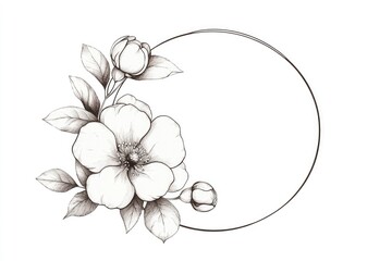 Elegant floral illustration featuring blooming flowers and buds in a circular frame design