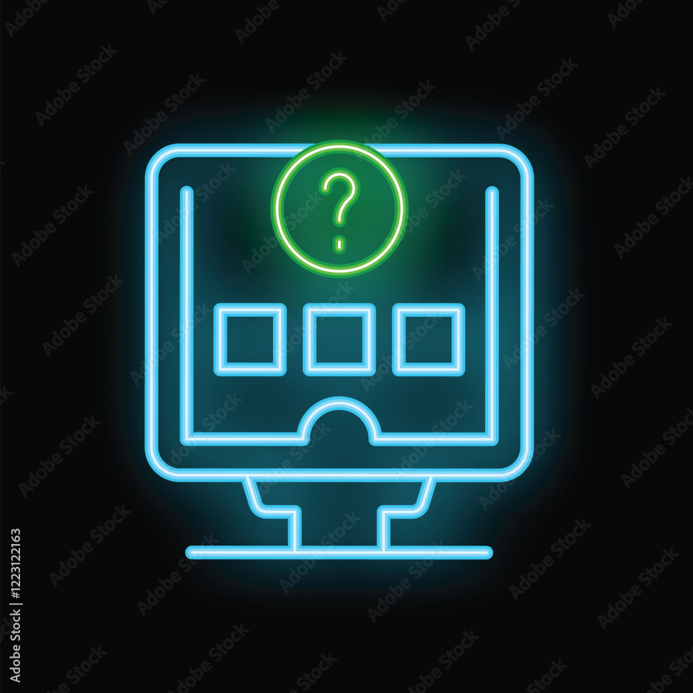 Poster Neon computer screen displaying question mark inside website interface for frequently asked questions, online support and customer service