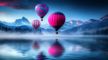 Fototapeta premium Colorful Hot Air Balloons Reflected on Calm Lake at Dawn