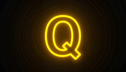 Obraz premium Bright neon letter Q in yellow on a dark background with a glowing effect and copy space