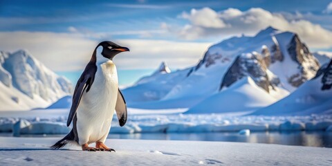 Obraz premium A Spheniscus humboldti penguin waddling on snowy terrain with a stunning Antarctic landscape in the background