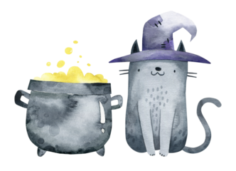 Watercolor illustration of a cute black cat in a witch's hat sitting near a cauldron of green potion on a white background. Witch cat. Halloween. Trick or Treat. Halloween postcard, poster, print.