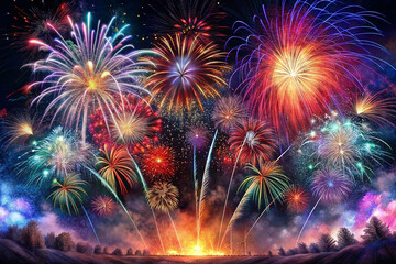 Vibrant fireworks display exploding in night sky.