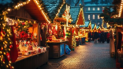 Festive holiday market stalls lined with lights at night in a european town square