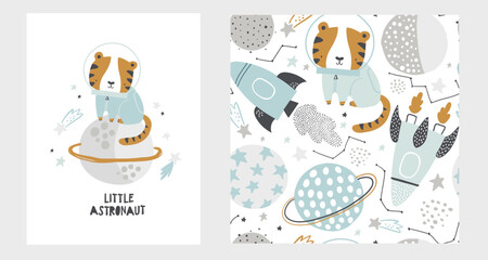 Vector seamless pattern with cute tiger astronaut, planets, rocket, constellations and stars. Space adventure. Cosmos. Creative kids texture for fabric, wrapping, textile, wallpaper. Nursery.