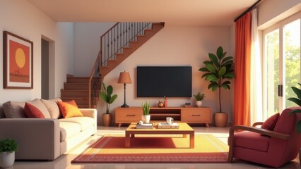 Cozy Living Room Interior Design with Orange Accents and Modern Furniture