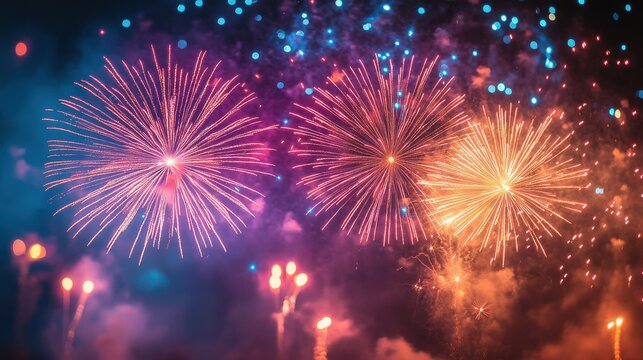 Colorful fireworks exploding in night sky celebration display
