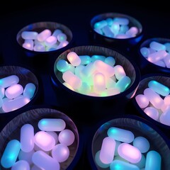 Multicolored glowing neon capsules in bowls. Generative ai