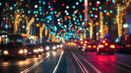 Vibrant city street at night with colorful bokeh lights and busy traffic