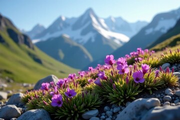 Fototapeta premium Purple saxifrage blooms on rocky ground against a backdrop of snowy mountains, , Purple saxifrage