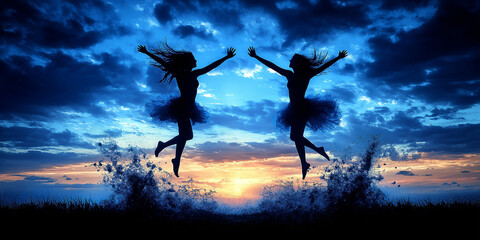 Silhouette of two dancers jumping at sunset against cloudy sky