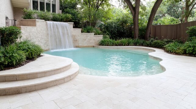 Backyard oasis tranquil pool, waterfall, lush landscaping