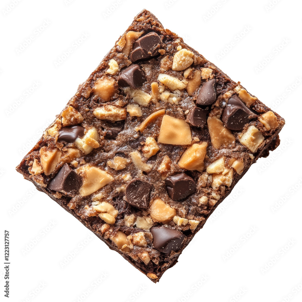 Poster A close-up overhead shot of a single square chocolate brownie generously studded with nuts and caramel pieces.
