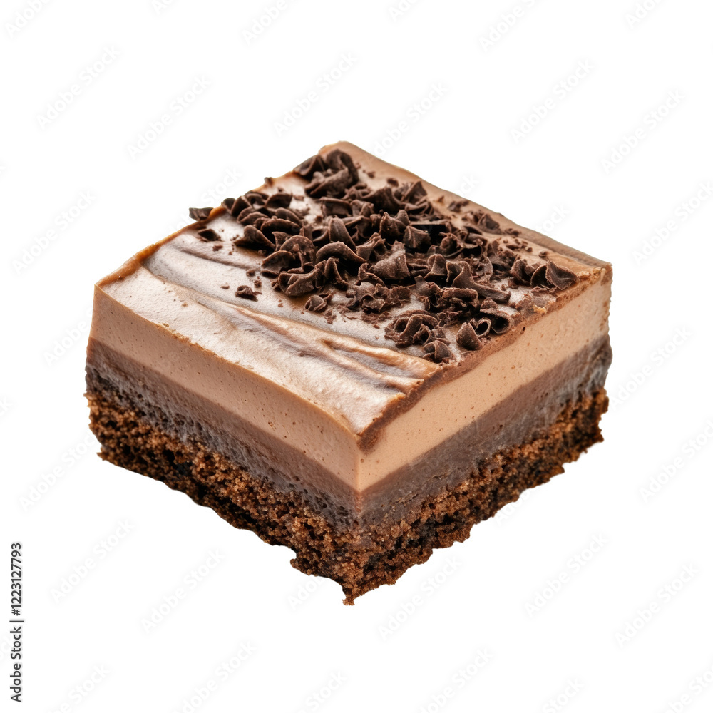Aufkleber a single square piece of layered chocolate cake topped with chocolate shavings is shown against a bl