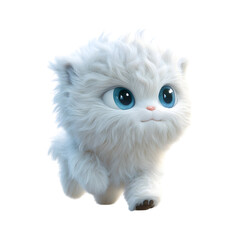 Fluffy 3D Cartoon Character of a White Cat with Blue Eyes Isolated on Transparent Background