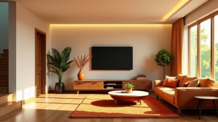 Modern Living Room Interior Design with Orange Accents and Sunlight