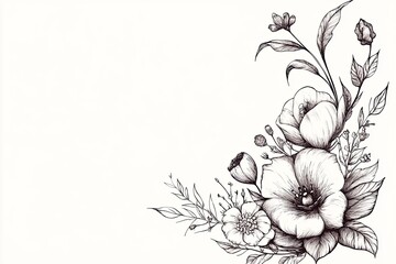 Elegant floral illustration featuring intricate line art of various flowers and foliage