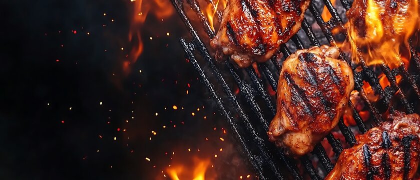 A vibrant banner showcasing a grilled chicken thigh sizzling on a fiery grill with ample space for creative text.