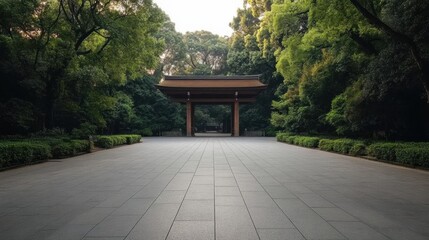 Obraz premium Serene entrance path to Japanese shrine surrounded by lush greenery and traditional architecture, offering tranquility and cultural exploration.