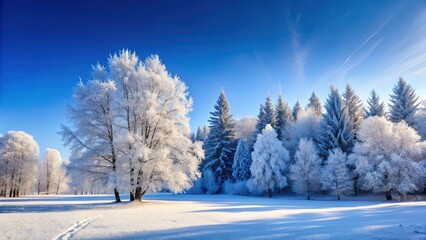 Obraz premium Frosty trees stand alone against a clear blue sky with silvery white snowflakes gently falling on the forest floor, frosty trees, winter landscape