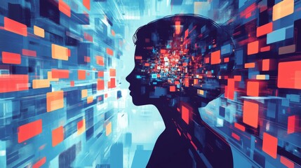 Abstract illustration of big data technology and data science, visualizing data flow, querying, analyzing complex information, with neural network concept for artificial intelligence and data mining.
