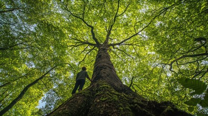 A person standing at the base of a giant tree, looking up in awe at its height