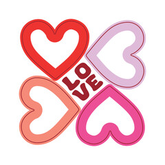 Obraz premium Illustration of four colorful outlined heart shapes arranged around the word LOVE in bold letters. Modern romantic design on a white background for Valentine's Day or love-themed projects.
