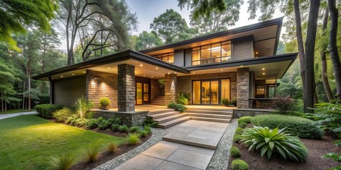 Fototapeta premium A serene modern home with a large porch and lush greenery, surrounded by towering trees and a winding stone path leading to the front door , inviting, serene