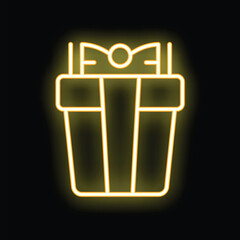 Yellow neon gift box with a ribbon is glowing on a black background