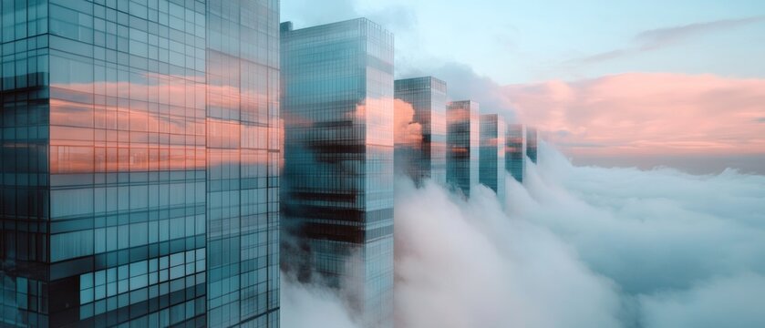Glass skyscrapers pierce through a sea of clouds, reflecting a vibrant pink sunset, creating a surreal and dreamlike cityscape.