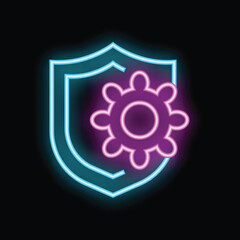 Neon shield protecting gear icon, representing secure configuration and data protection