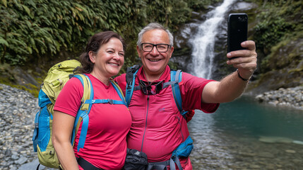 An adventurous couple treks through a lush rainforest, stopping at a glistening waterfall to take a selfie framed by the shimmering cascade and vibrant green foliage