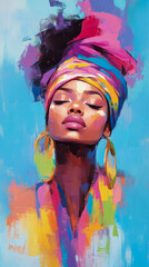 Fototapeta premium Vibrant Abstract Portrait of a Woman in Headwrap with Large Earrings