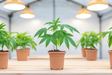 Fototapeta premium Indoor cultivation of cannabis plants in pots under warm lighting in a greenhouse setting
