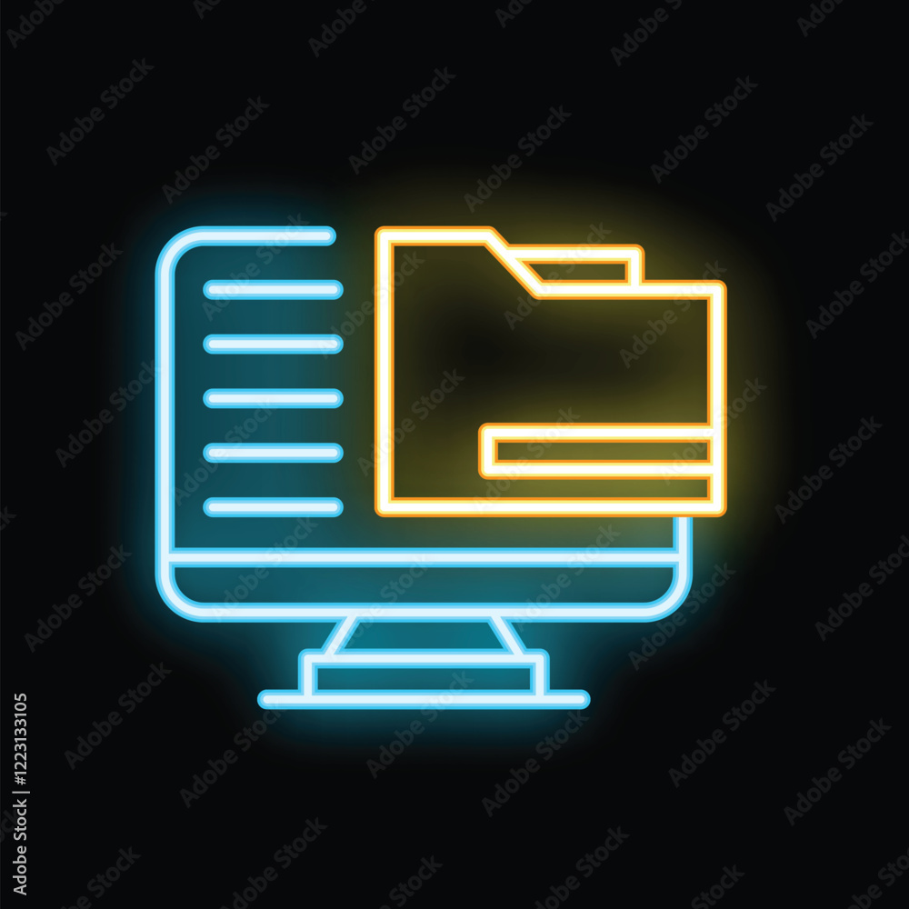 Poster neon folder icon displaying on computer screen with black background