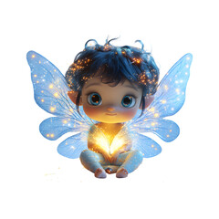 Fluffy 3D Cartoon Fairy Character with Glowing Wings Isolated on Transparent Background