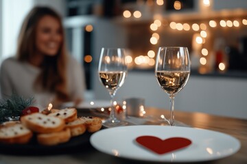 Obraz premium A cozy dinner setting displays treats on a table with sparkling drinks, heart-shaped decor, and soft lighting, symbolizing love, sweetness, and intimate moments together.
