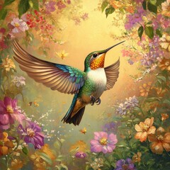 Obraz premium Hummingbird in Flight with Flowers