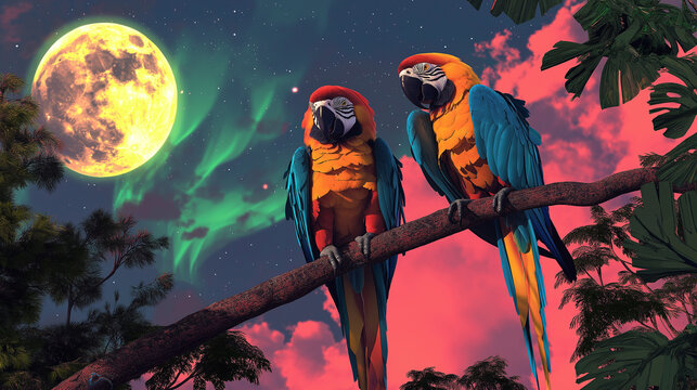 A pair of parrots at a beautiful background.