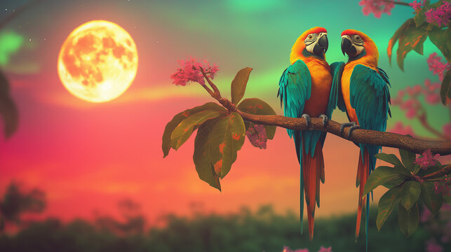 A pair of parrots at a beautiful background.