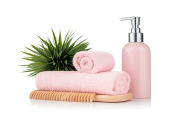Soft pink towels and a pump bottle with a green plant and wooden comb on a white background